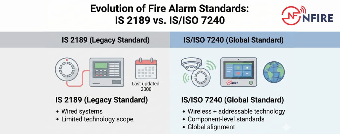 Comparison chart showing differences between IS 2189 and IS/ISO 7240 fire alarm standards India