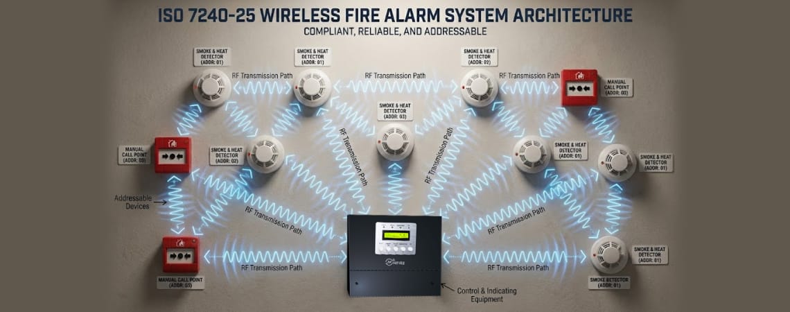 Wireless addressable fire detection system architecture showing ISO 7240-25 RF transmission paths