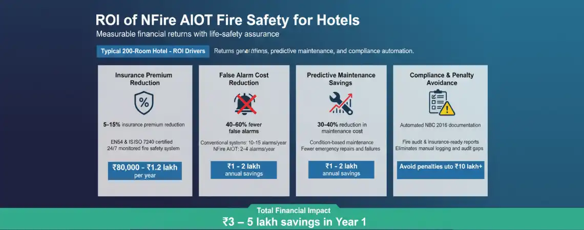 5-year ROI timeline for NFire fire alarm system in 200-room hotel showing cumulative savings