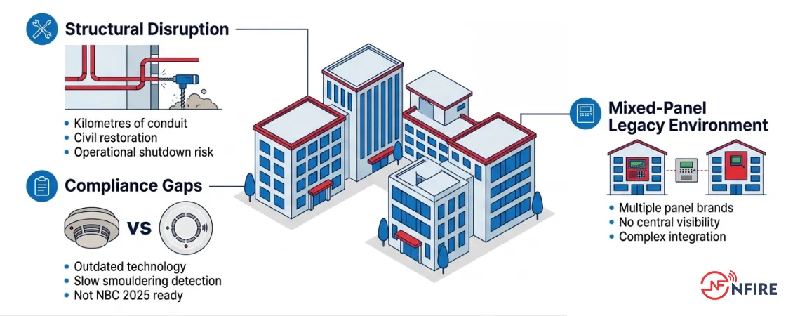 Retrofitting campus fire alarm system from legacy wired zones to wireless addressable architecture with SCM gateways